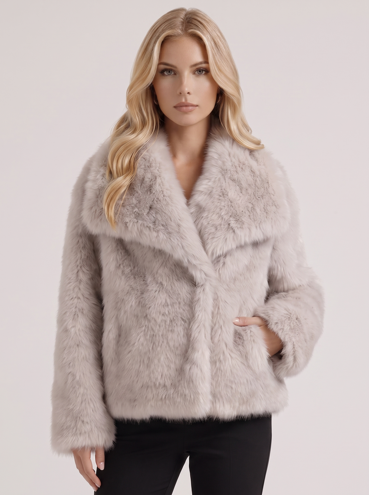 Faux Fur Jacket Womens Shawl Collar Open Front Long Pile