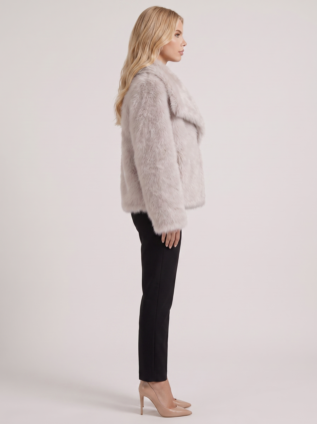 Faux Fur Jacket Womens Shawl Collar Open Front Long Pile