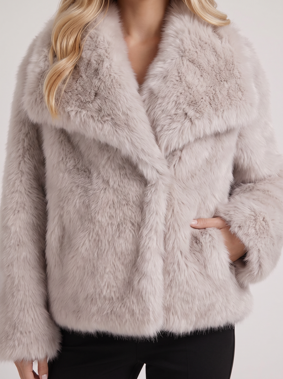 Faux Fur Jacket Womens Shawl Collar Open Front Long Pile