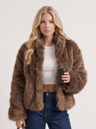 Faux Fur Jacket Womens Shawl Collar Open Front Long Pile
