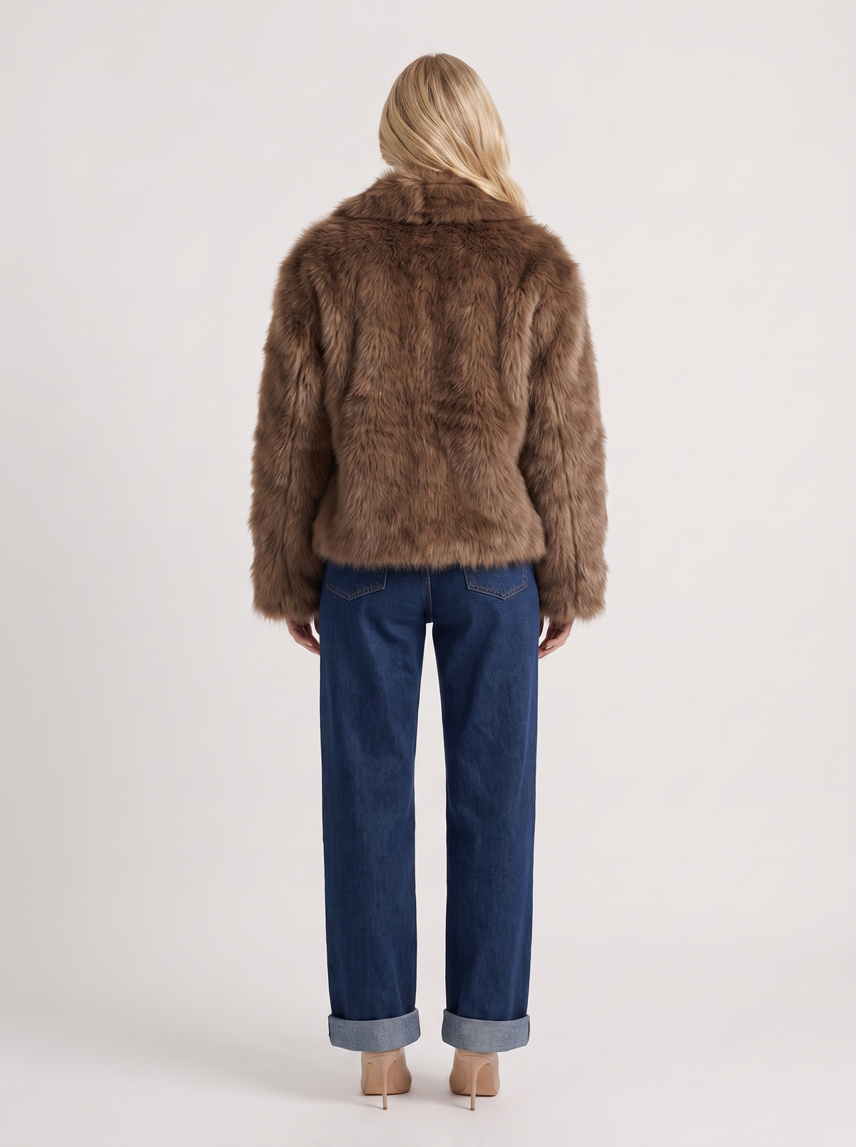 Faux Fur Jacket Womens Shawl Collar Open Front Long Pile
