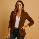 Fall Matte Notch Lapel Button Front Blazer for Women in Brown