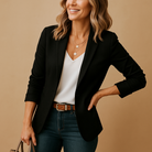 Fall Matte Notch Lapel Button Front Blazer for Women in Black