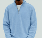 Half zip high neck textured knit sweater in blue