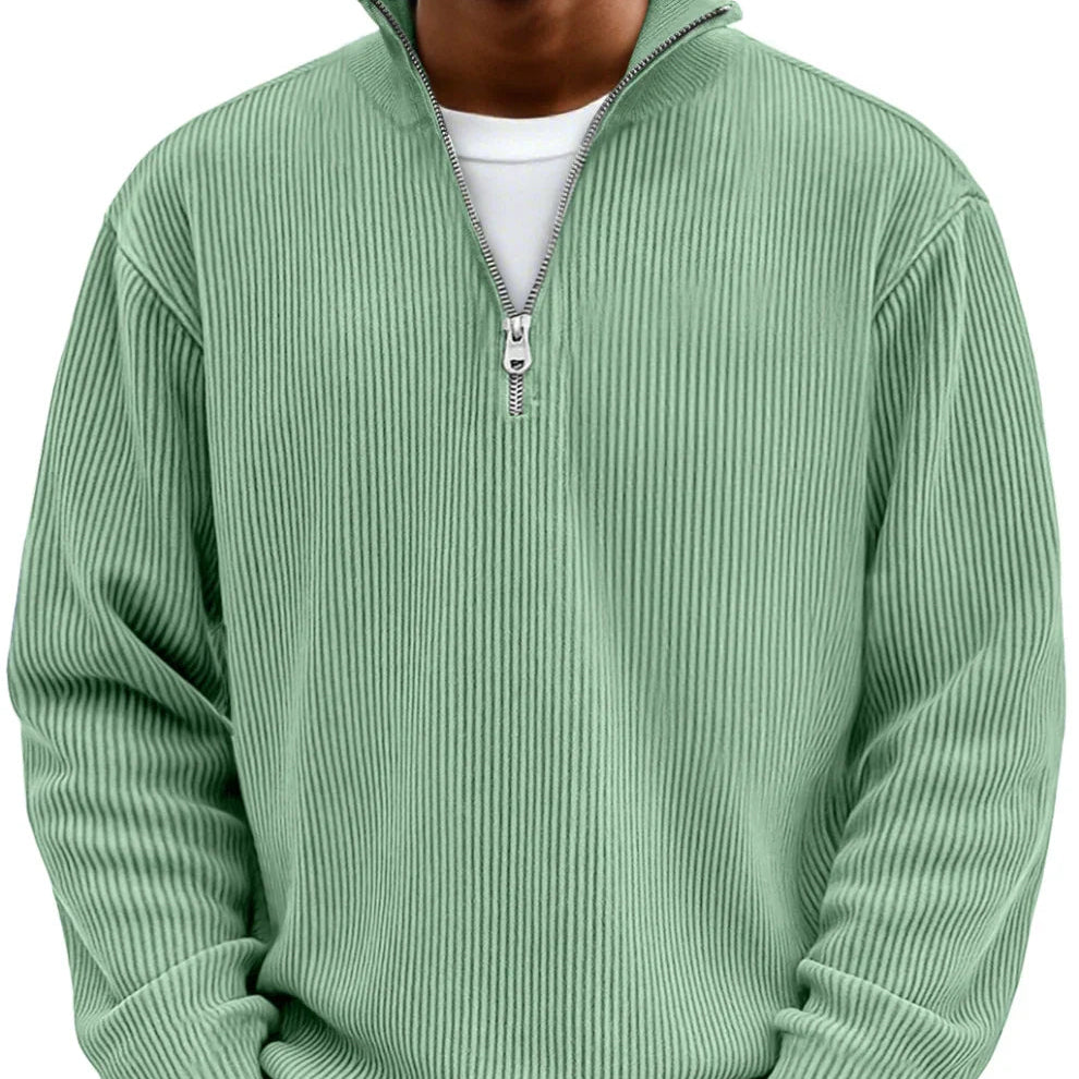 Half zip high neck textured knit sweater in green