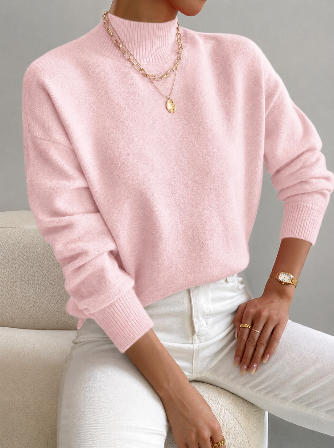 Fall Soft Brushed Knit Mock Neck Sweater for Women in Light Pink