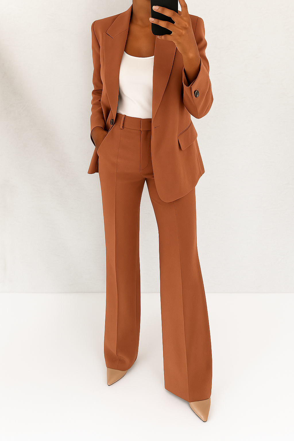 Tailored two piece blazer and pants set in brown