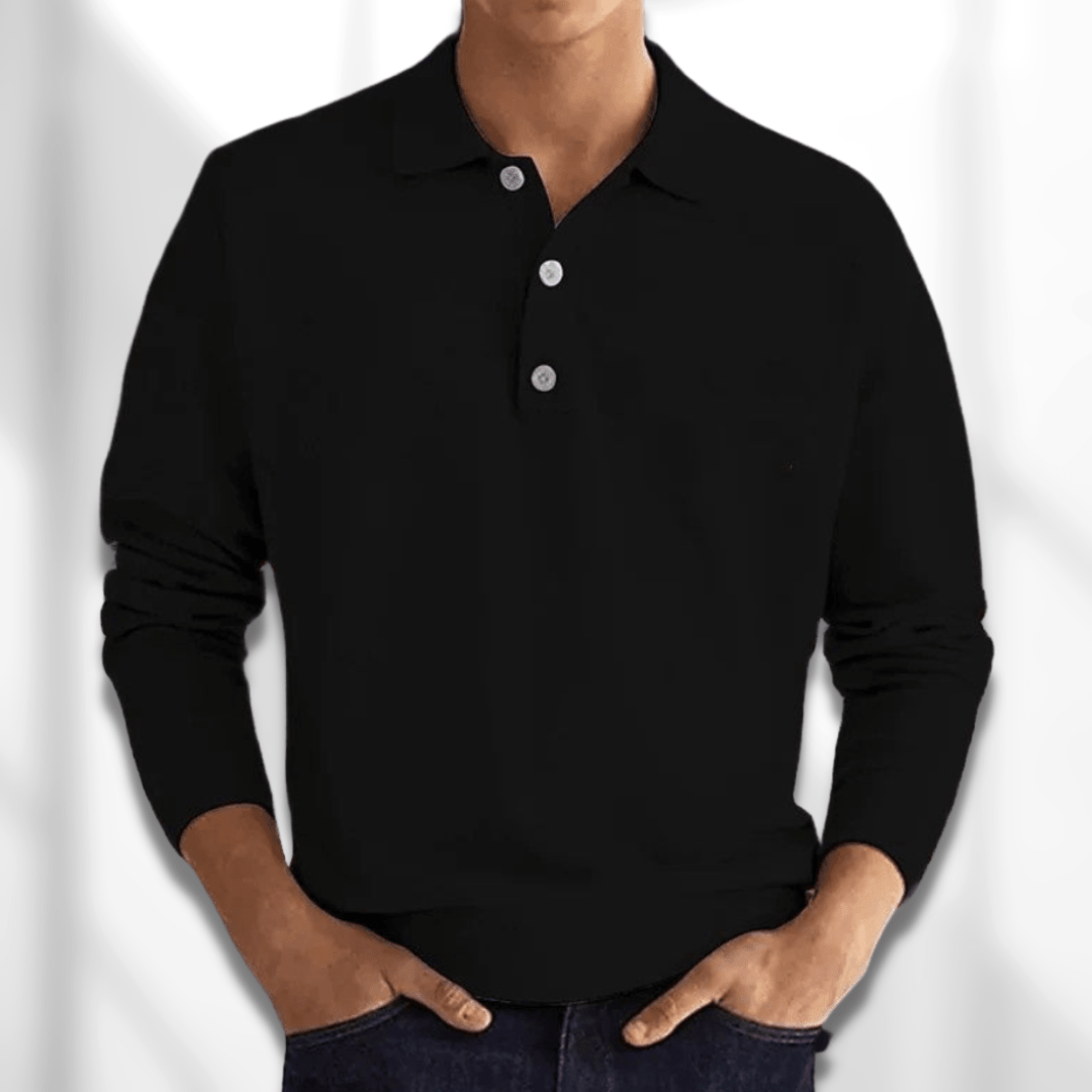 Fall Fine Knit Long Sleeve Button Polo Shirt for Men in Black