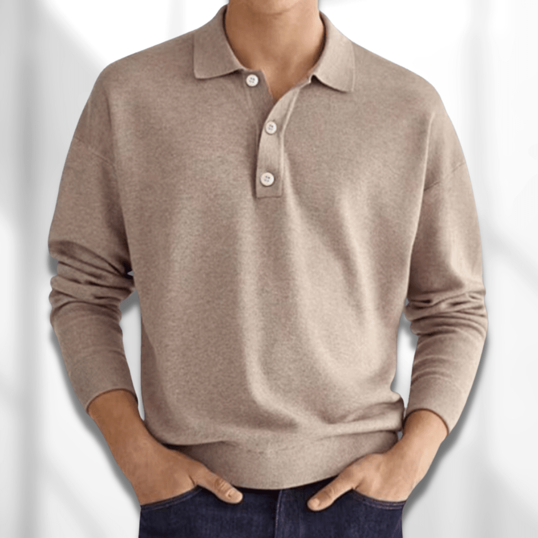 Fall Fine Knit Long Sleeve Button Polo Shirt for Men in Khaki