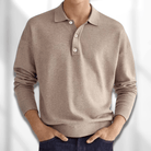 Fall Fine Knit Long Sleeve Button Polo Shirt for Men in Khaki