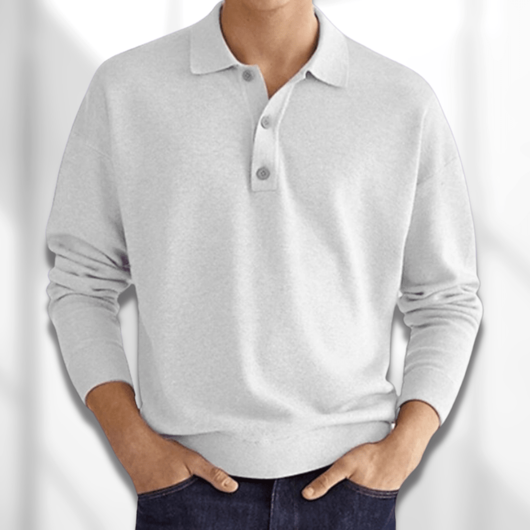 Fall Fine Knit Long Sleeve Button Polo Shirt for Men in White