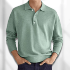 Fall Fine Knit Long Sleeve Button Polo Shirt for Men in Light Green