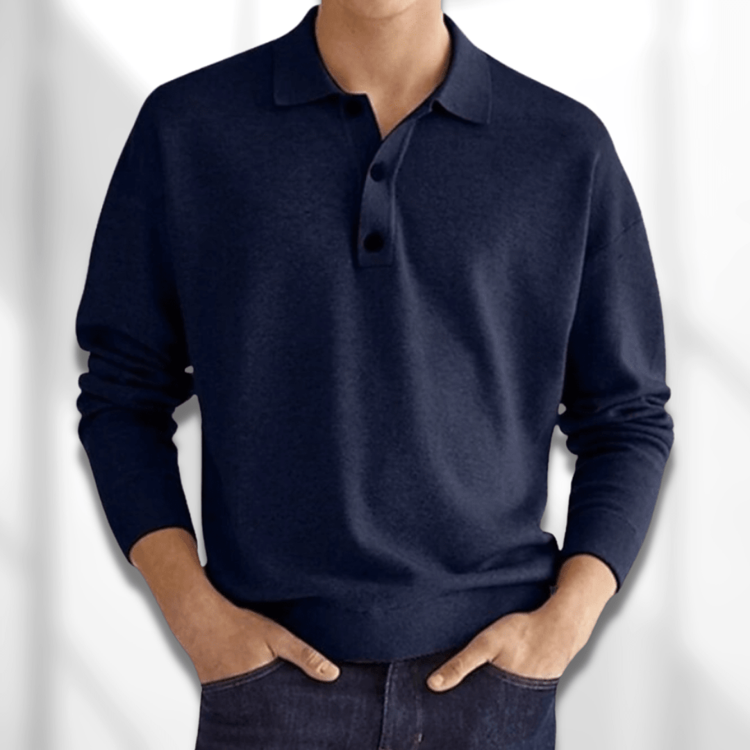 Fall Fine Knit Long Sleeve Button Polo Shirt for Men in Blue