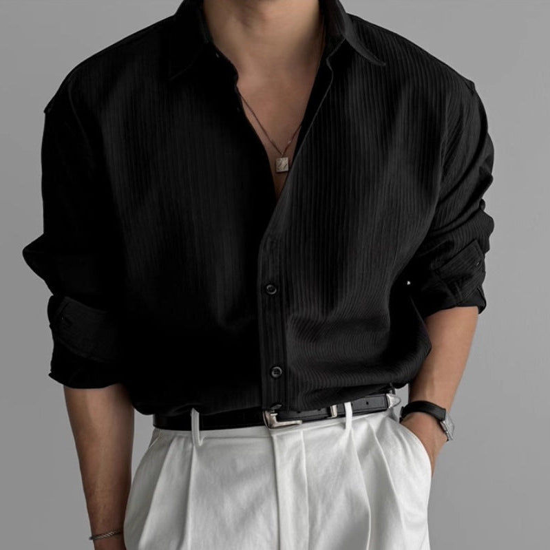 Fall Textured Pleated Relaxed Fit Long Sleeve Shirt for Men in Black