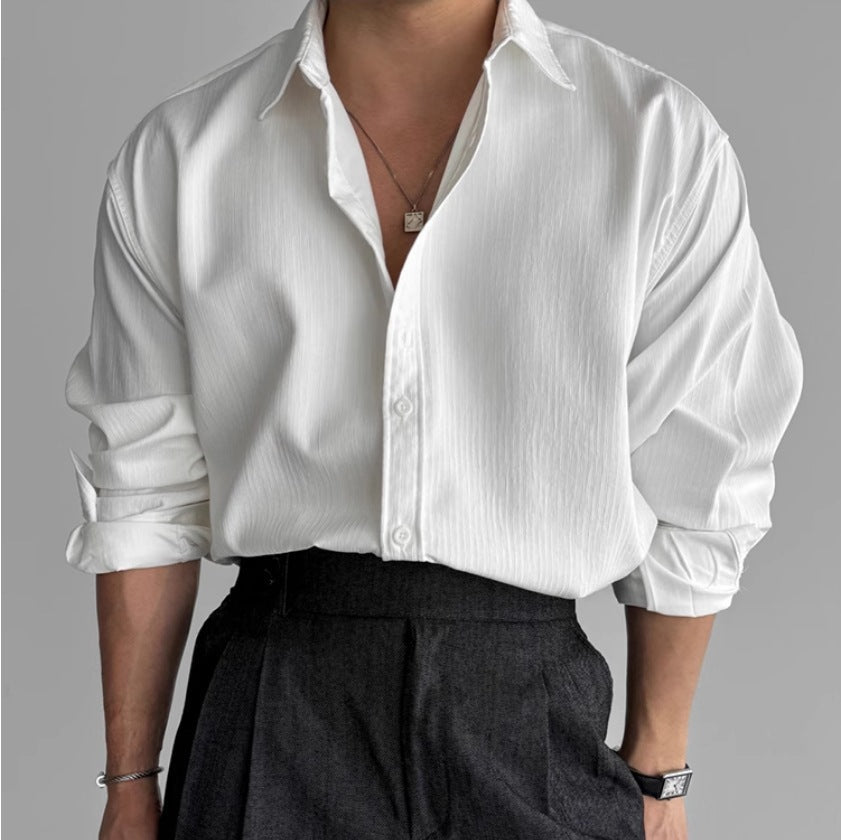 Fall Textured Pleated Relaxed Fit Long Sleeve Shirt for Men