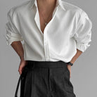 Fall Textured Pleated Relaxed Fit Long Sleeve Shirt for Men in White