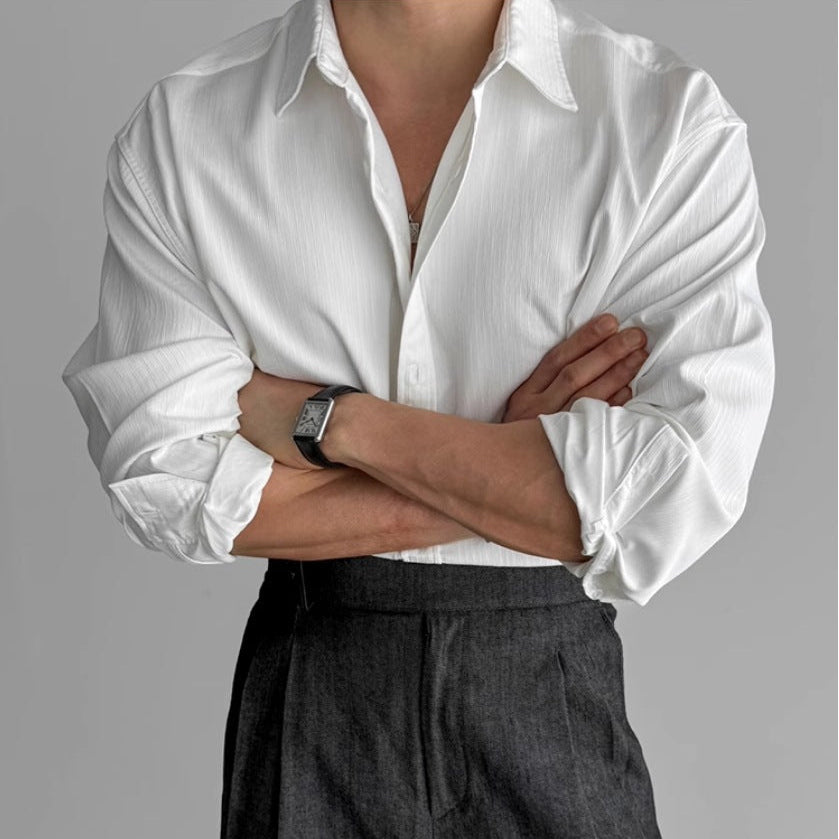Fall Textured Pleated Relaxed Fit Long Sleeve Shirt for Men