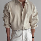 Fall Textured Pleated Relaxed Fit Long Sleeve Shirt for Men in Cream