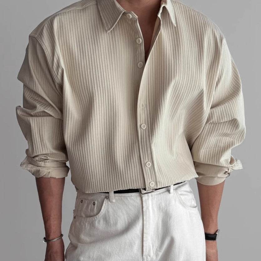 Fall Textured Pleated Relaxed Fit Long Sleeve Shirt for Men in Cream