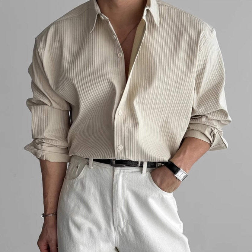 Fall Textured Pleated Relaxed Fit Long Sleeve Shirt for Men
