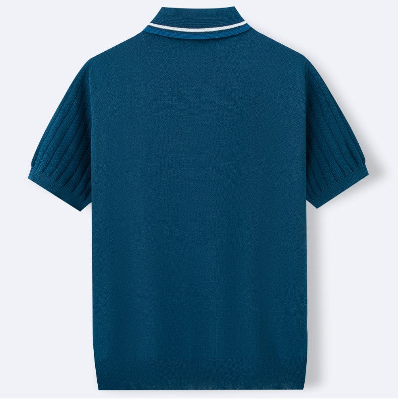 Ribbed textured knit three button polo, view 8