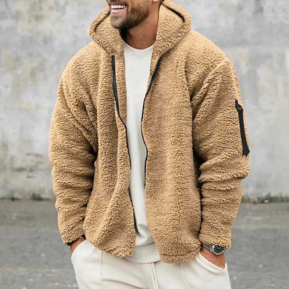 Winter Sherpa Fleece Hooded Zip Up Jacket for Men in Khaki