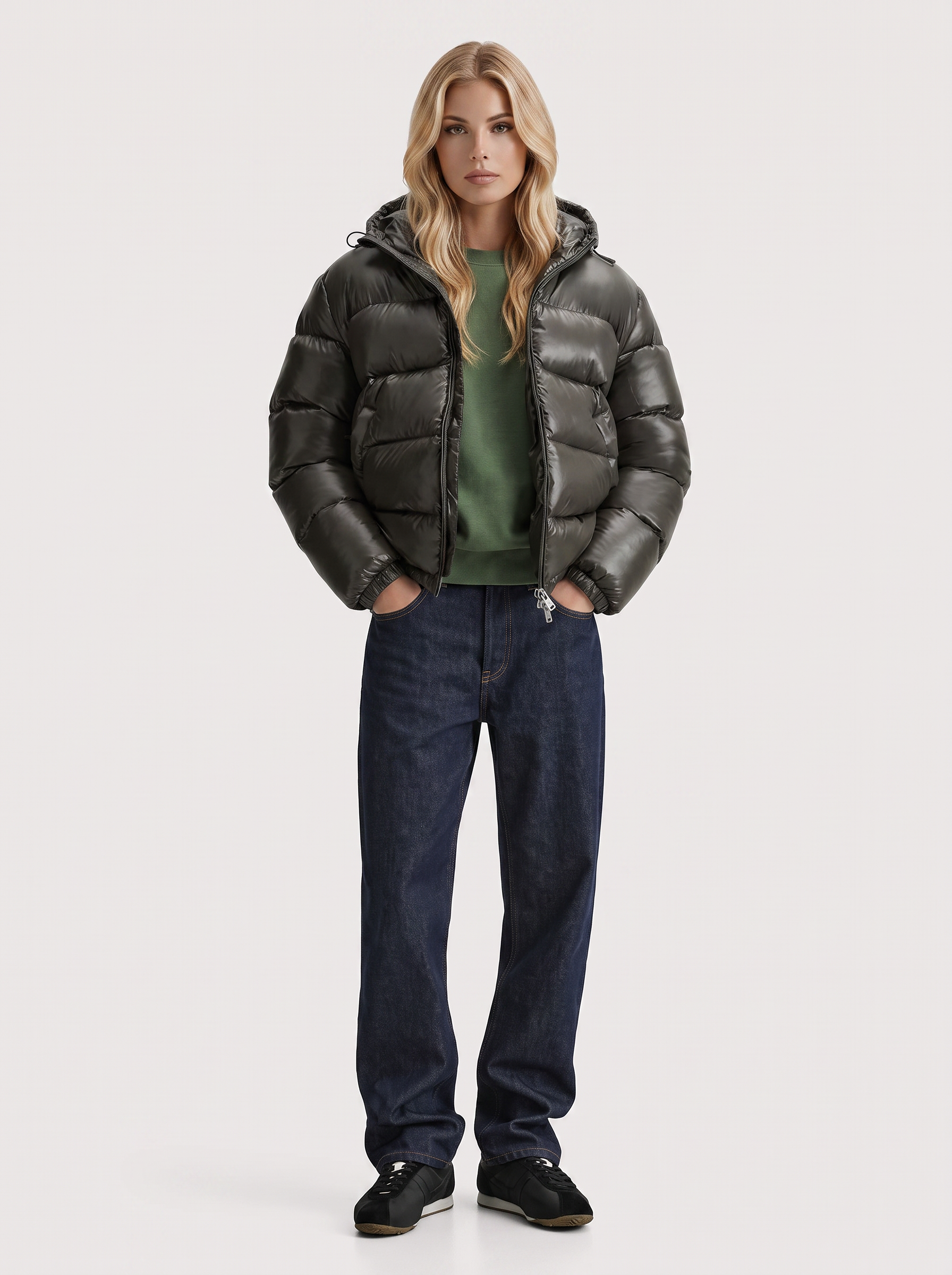 Puffer Jacket Womens Cropped Hooded Glossy Horizontal Quilted