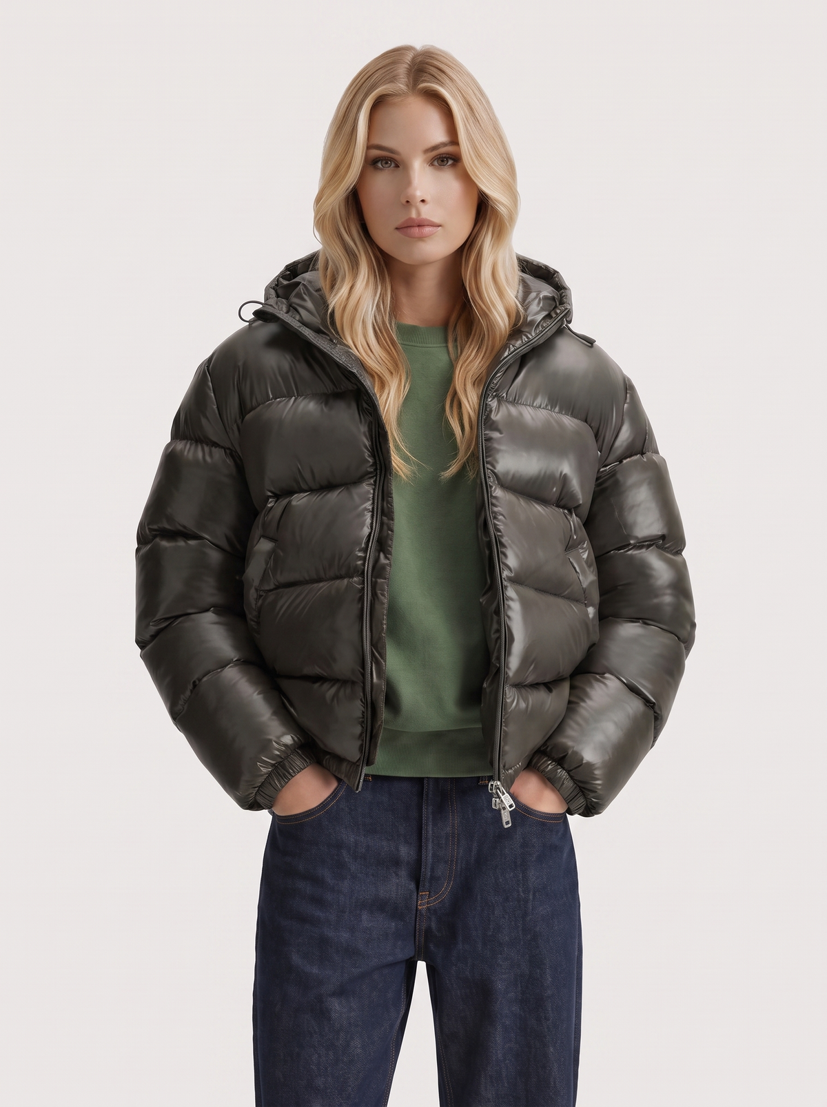 Puffer Jacket Womens Cropped Hooded Glossy Horizontal Quilted