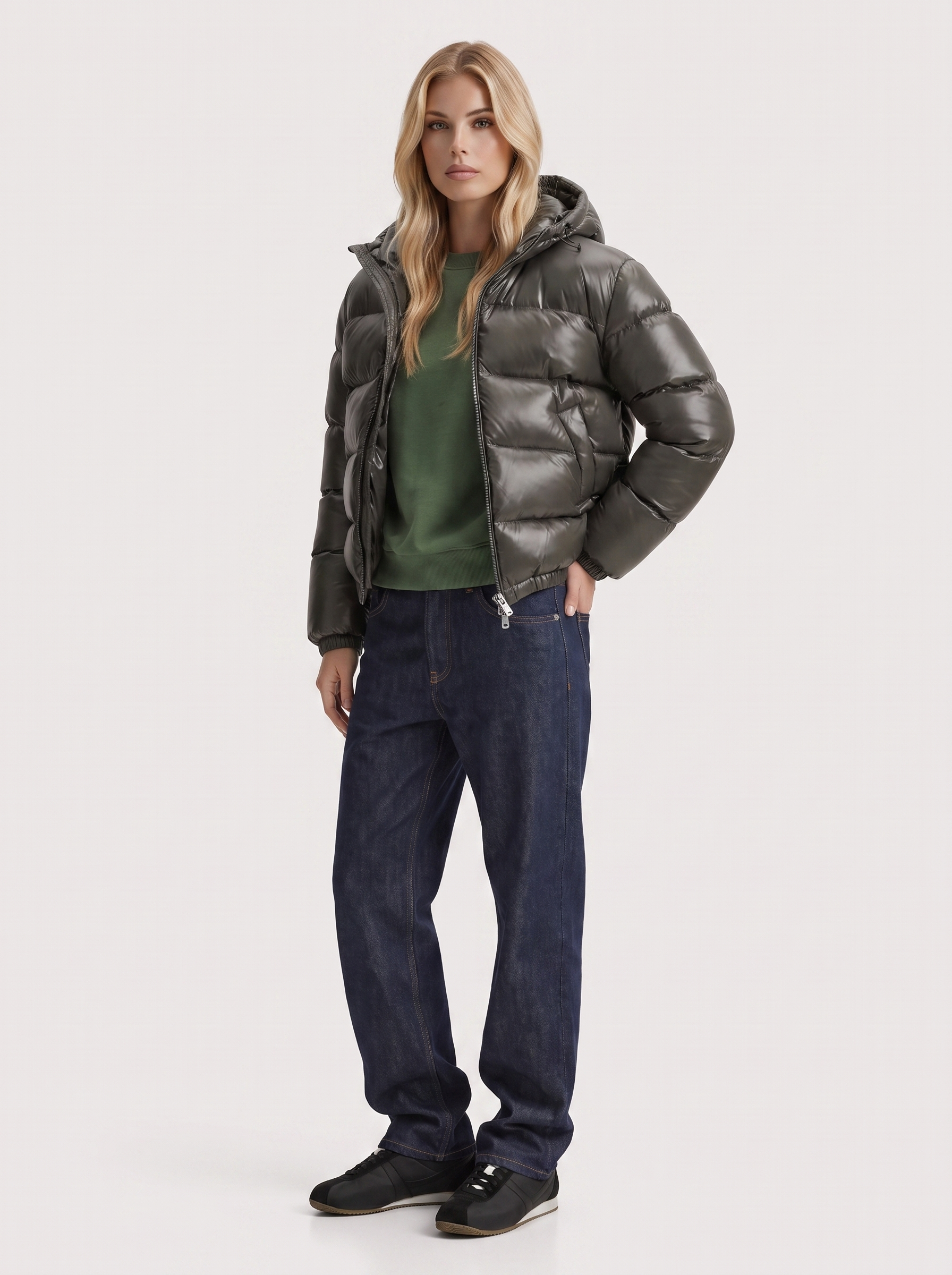 Puffer Jacket Womens Cropped Hooded Glossy Horizontal Quilted