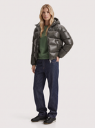 Puffer Jacket Womens Cropped Hooded Glossy Horizontal Quilted