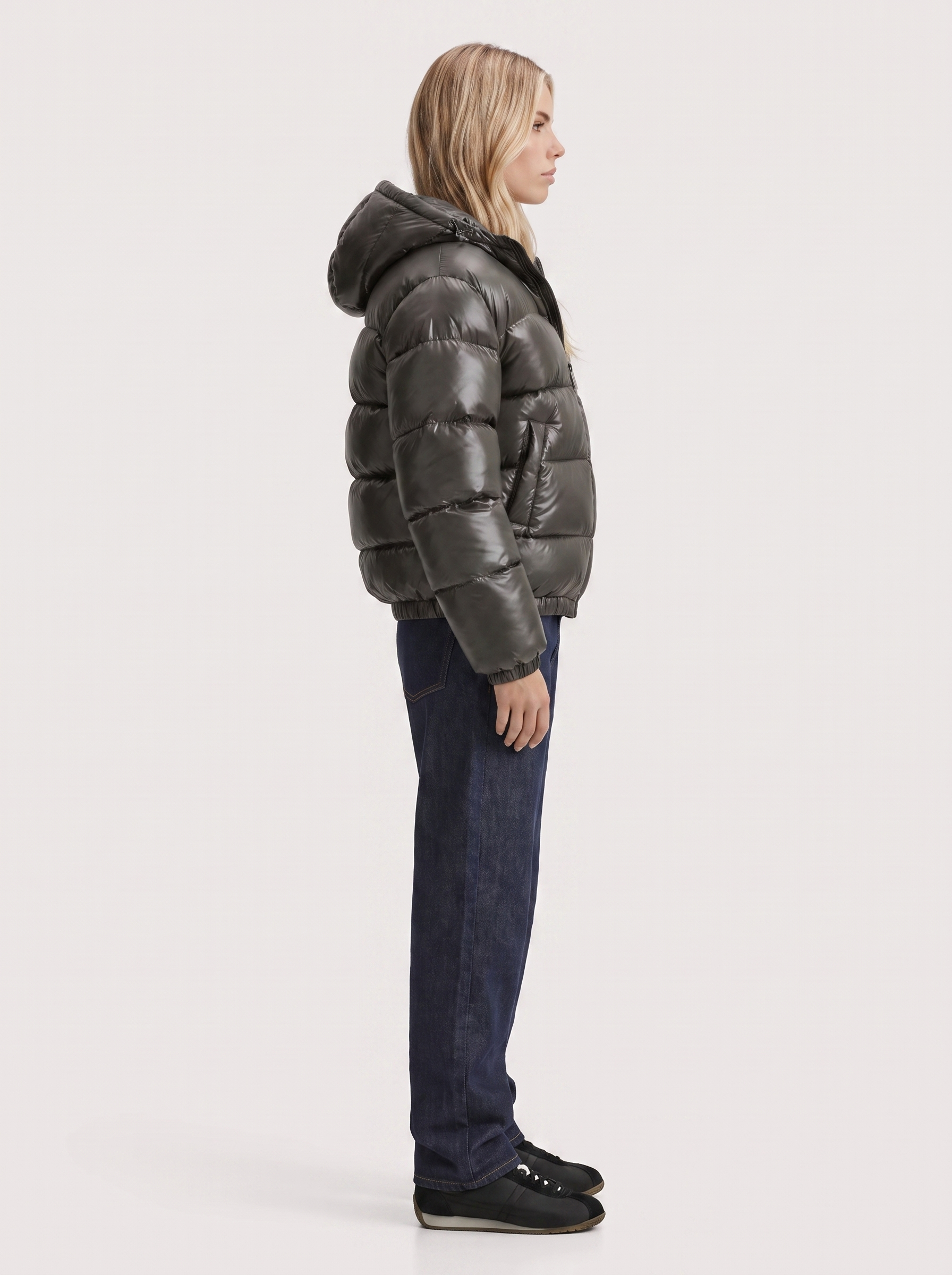 Puffer Jacket Womens Cropped Hooded Glossy Horizontal Quilted
