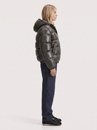 Puffer Jacket Womens Cropped Hooded Glossy Horizontal Quilted
