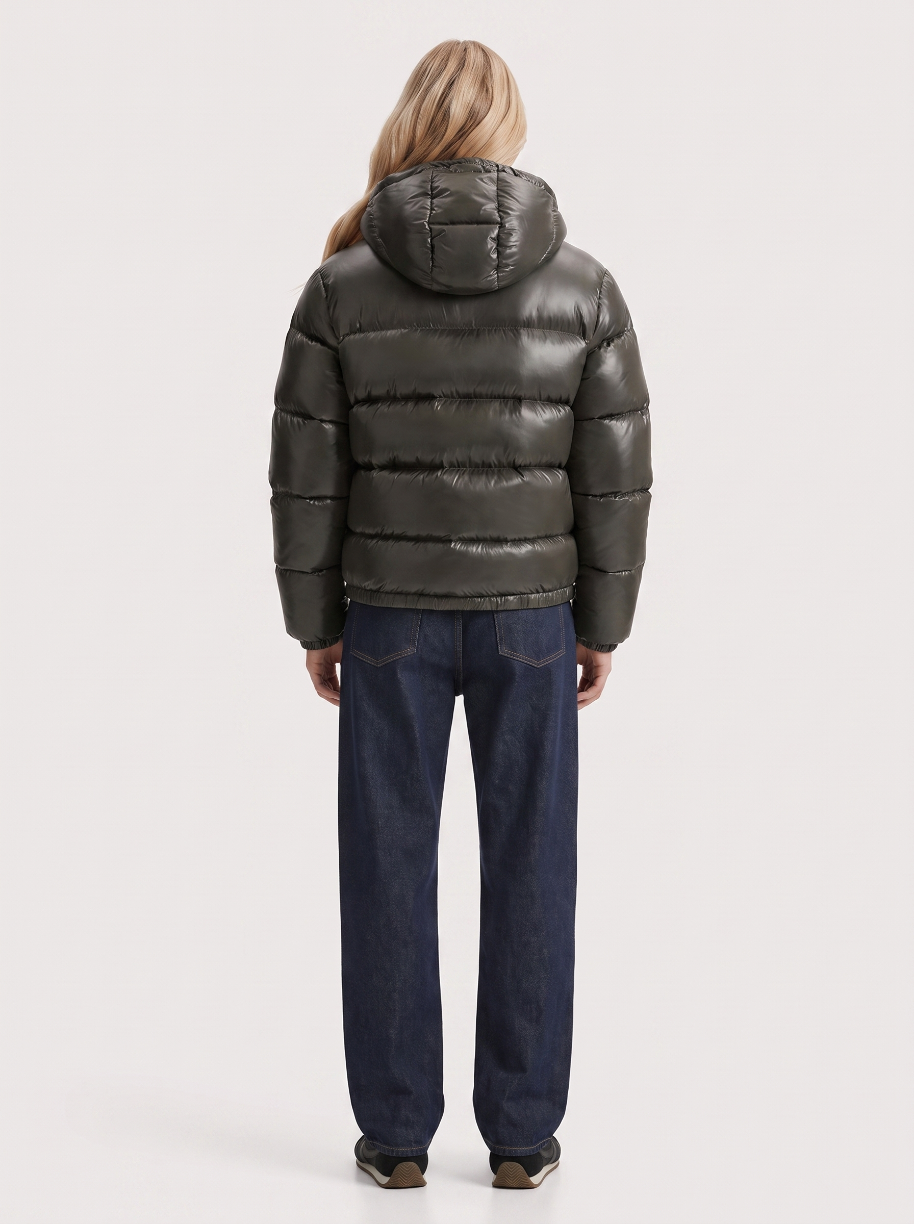 Puffer Jacket Womens Cropped Hooded Glossy Horizontal Quilted