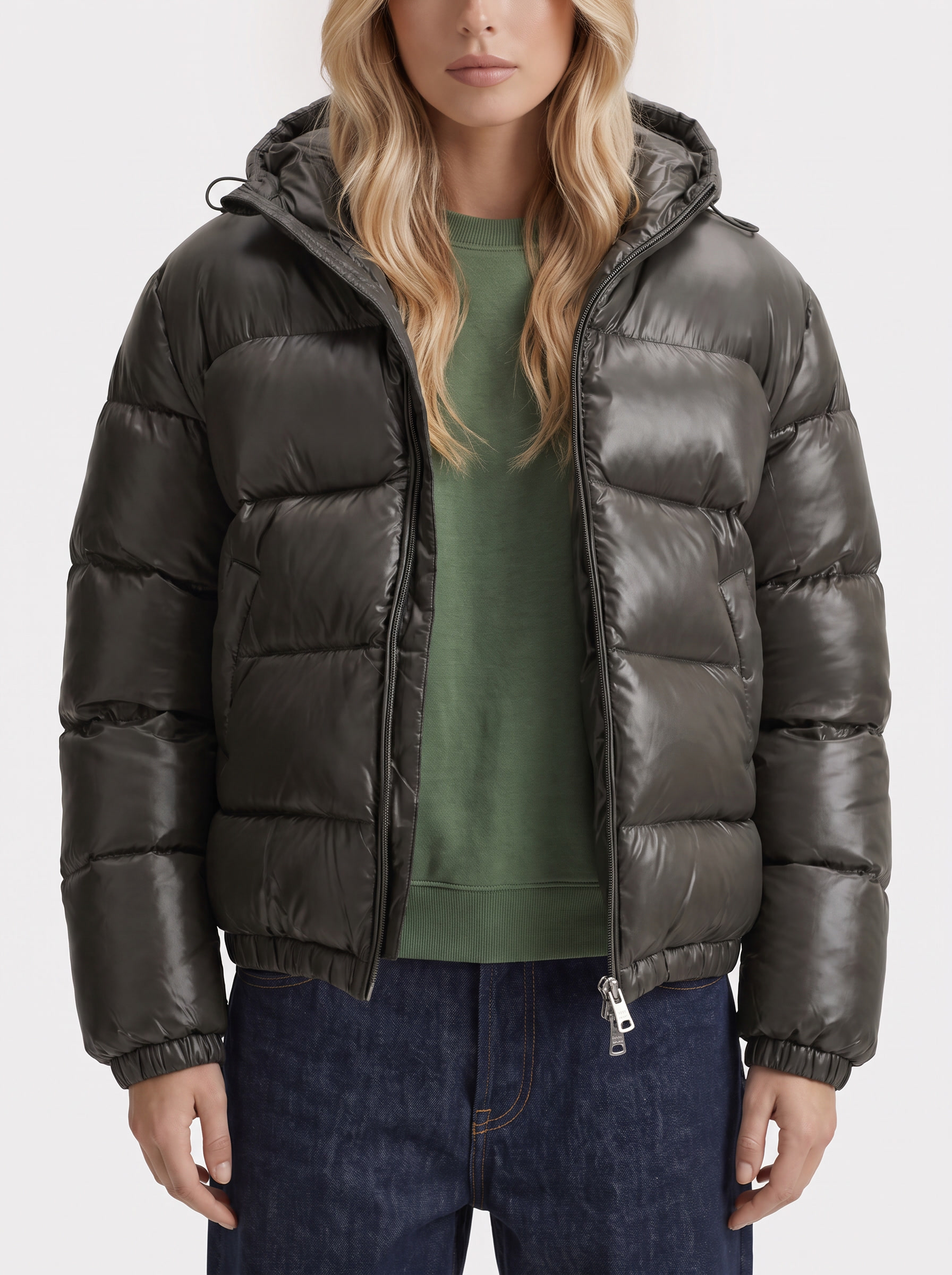 Puffer Jacket Womens Cropped Hooded Glossy Horizontal Quilted