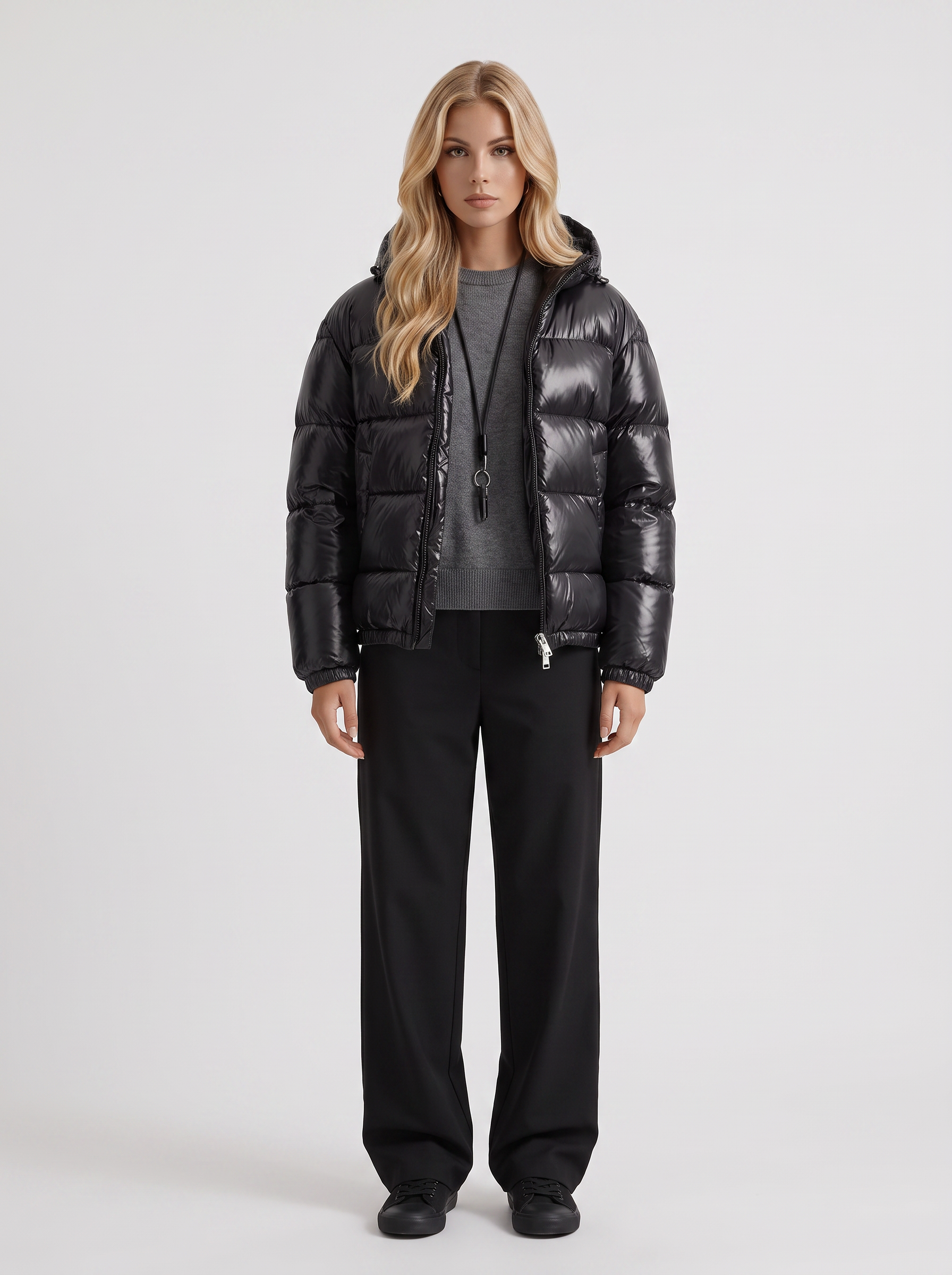 Puffer Jacket Womens Cropped Hooded Glossy Horizontal Quilted