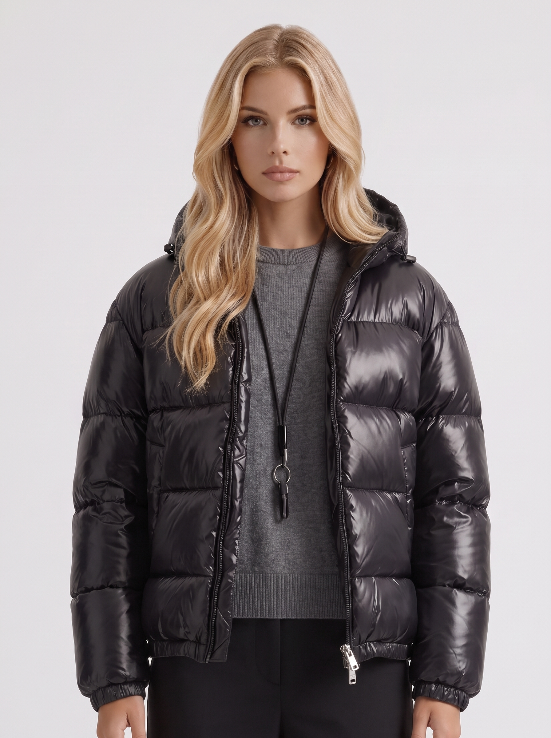 Puffer Jacket Womens Cropped Hooded Glossy Horizontal Quilted