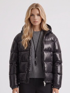 Puffer Jacket Womens Cropped Hooded Glossy Horizontal Quilted