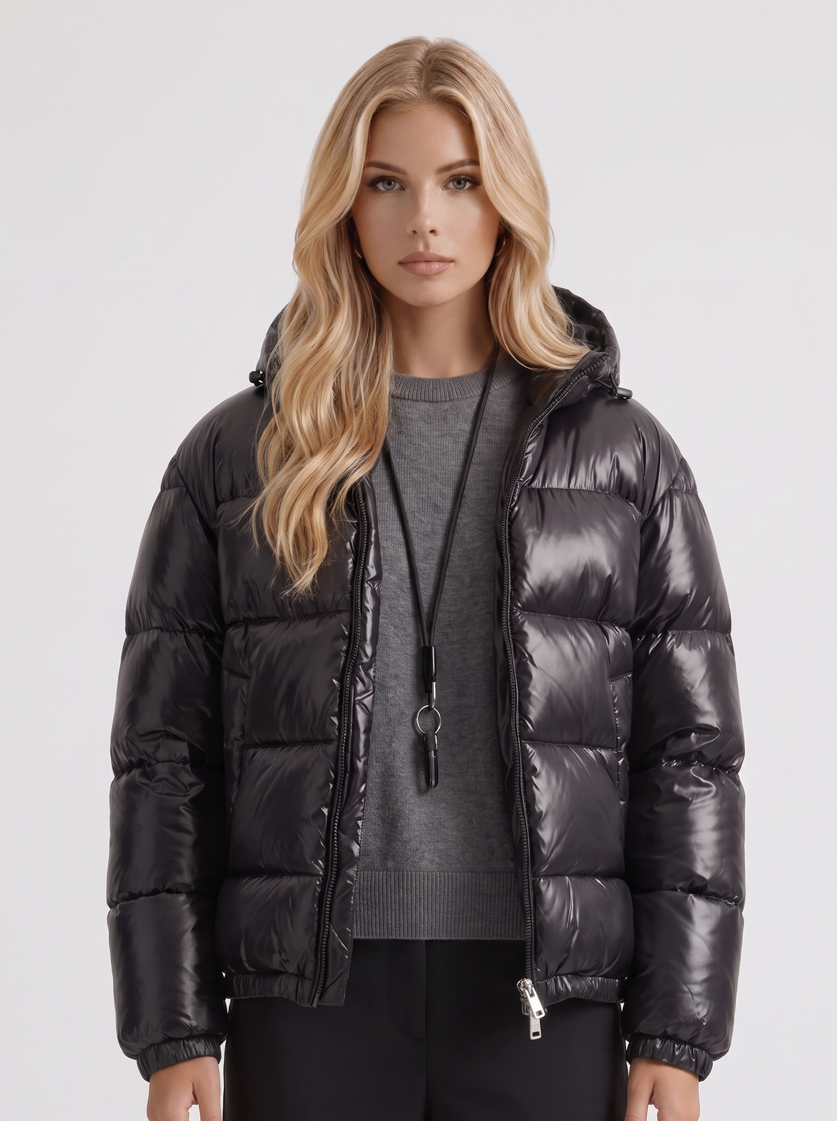 Puffer Jacket Womens Cropped Hooded Glossy Horizontal Quilted