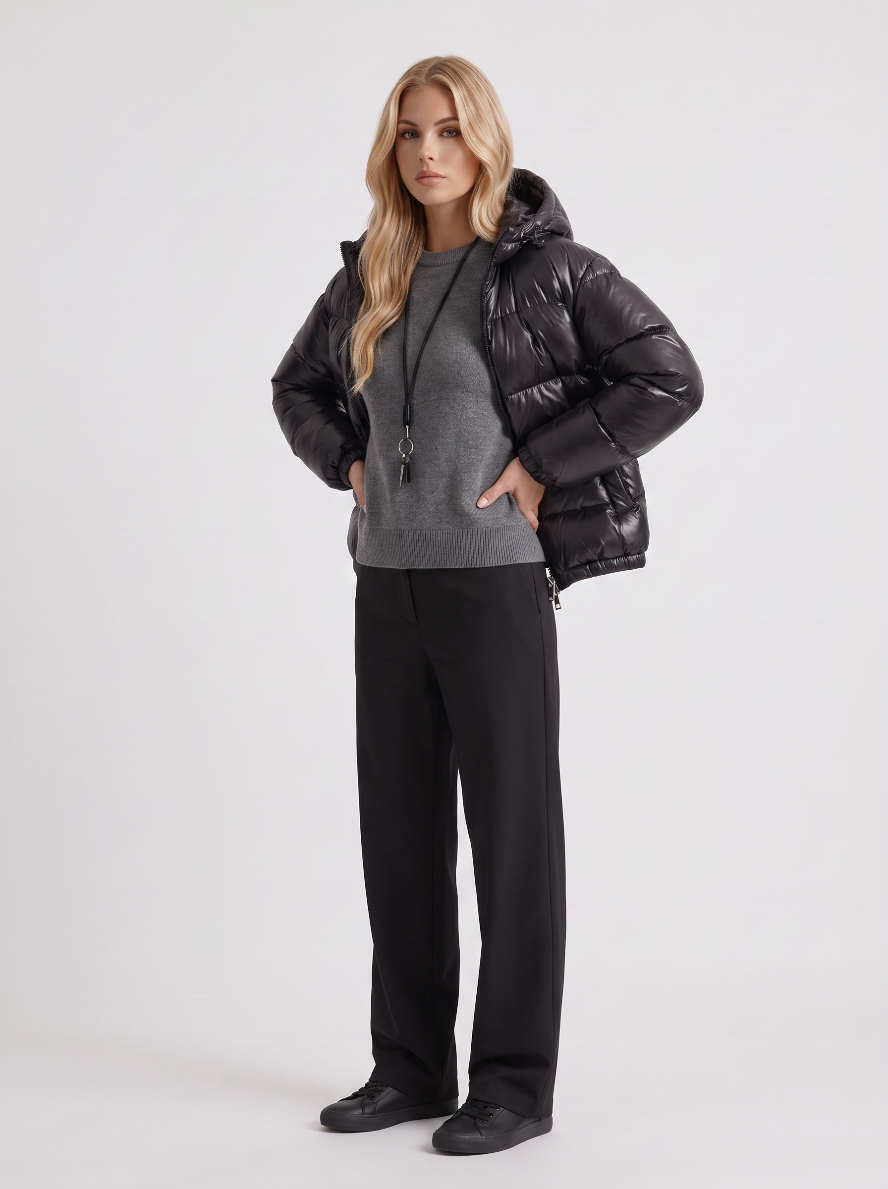Puffer Jacket Womens Cropped Hooded Glossy Horizontal Quilted