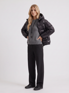 Puffer Jacket Womens Cropped Hooded Glossy Horizontal Quilted