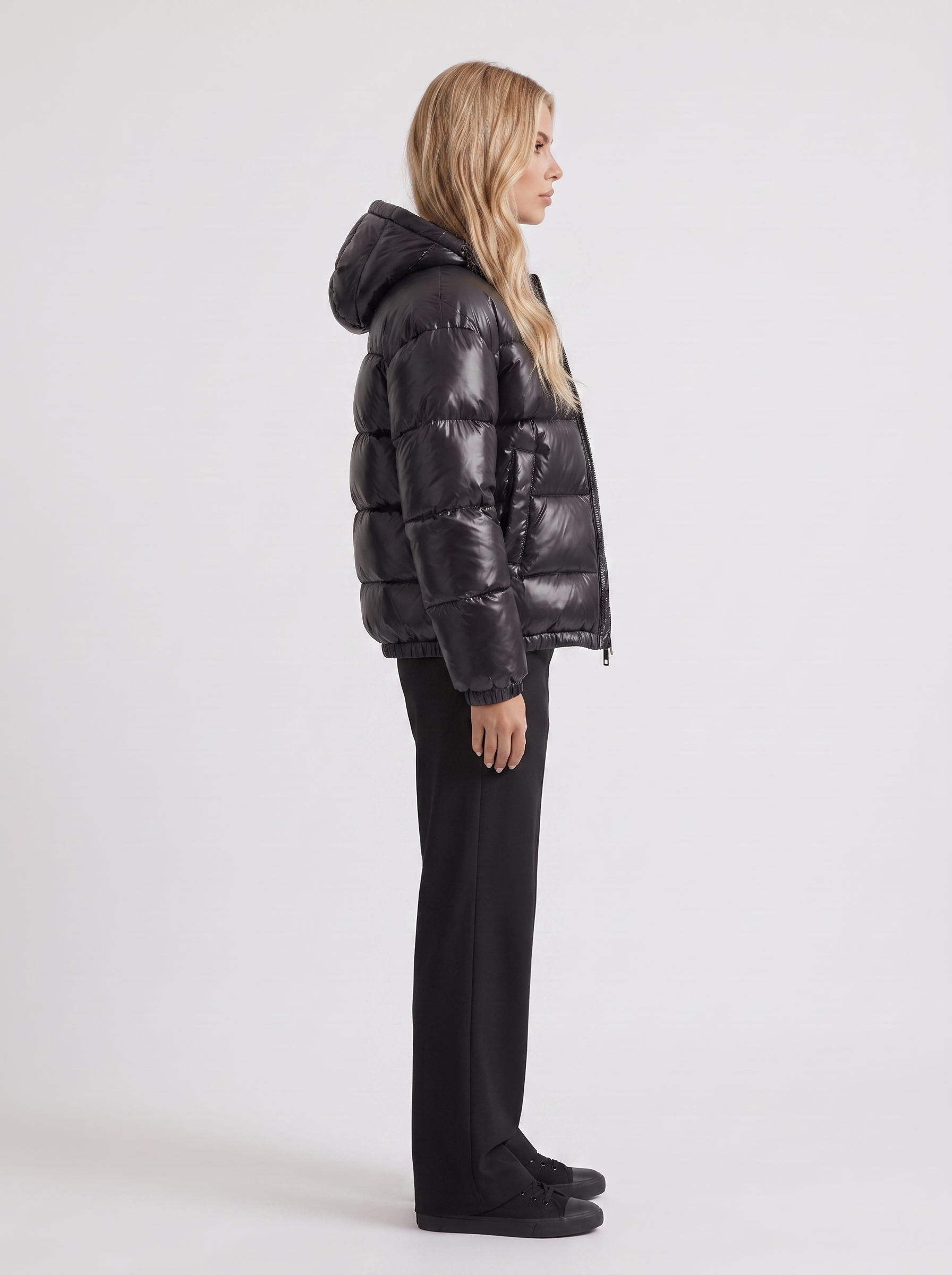 Puffer Jacket Womens Cropped Hooded Glossy Horizontal Quilted
