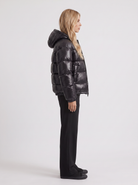 Puffer Jacket Womens Cropped Hooded Glossy Horizontal Quilted