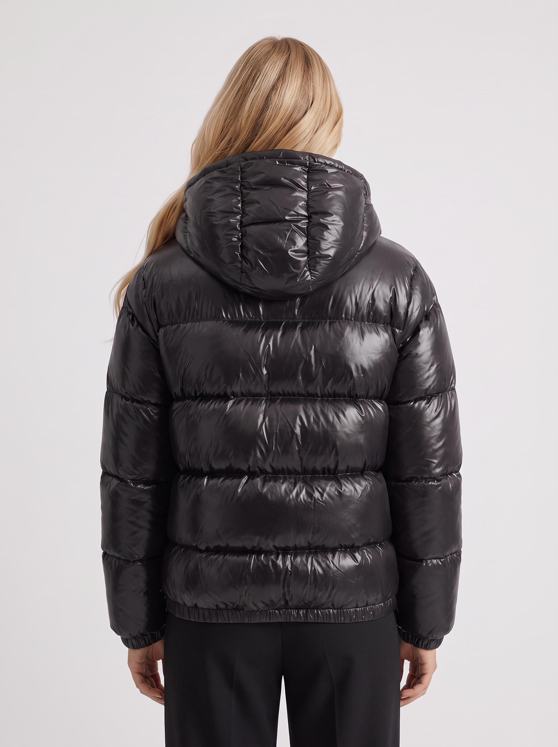 Puffer Jacket Womens Cropped Hooded Glossy Horizontal Quilted