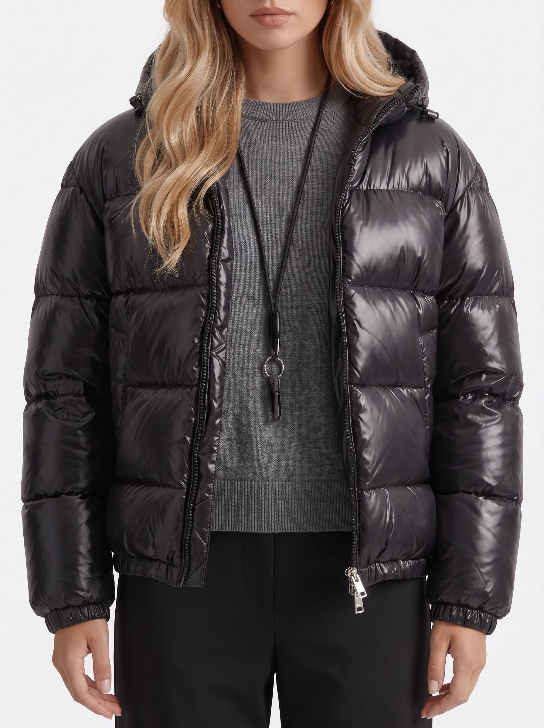 Puffer Jacket Womens Cropped Hooded Glossy Horizontal Quilted