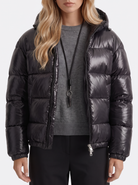 Puffer Jacket Womens Cropped Hooded Glossy Horizontal Quilted