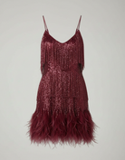 Sequin spaghetti strap cocktail party dress in burgundy