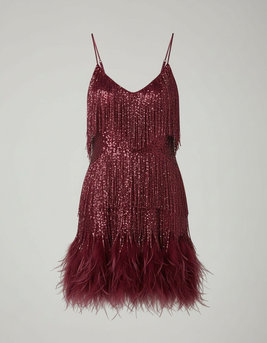 Sequin spaghetti strap cocktail party dress in burgundy