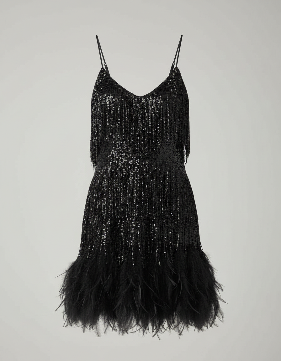 Sequin spaghetti strap cocktail party dress in black