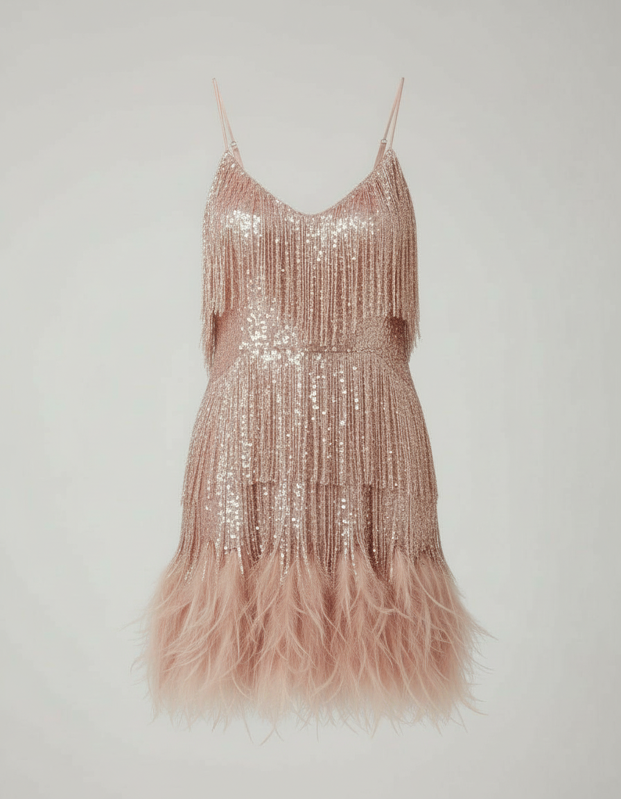 Sequin spaghetti strap cocktail party dress in rose gold