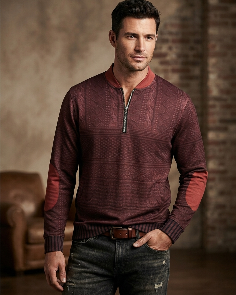Cable Knit Sweater Mens Quarter Zip Pattern Panel Geometric Pullover